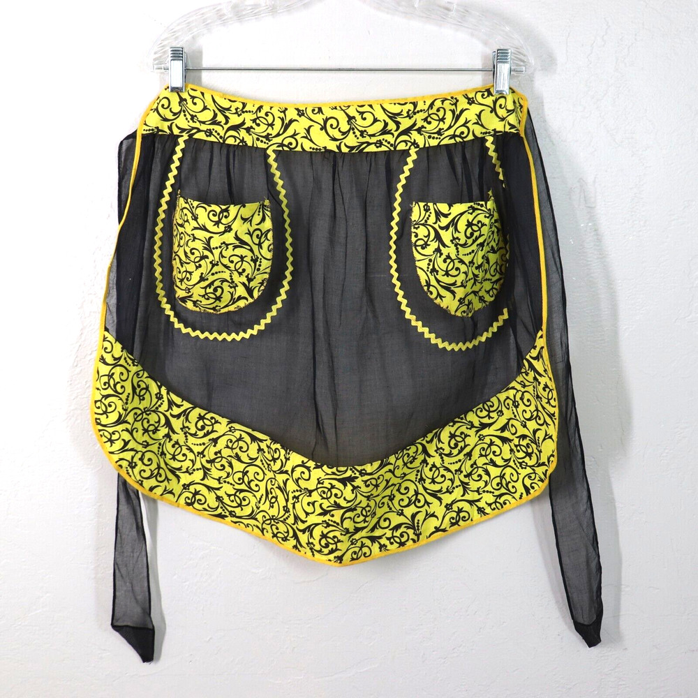 Vtg Hostess Apron Black Yellow Floral Sheer Organza Zig Zag Bricabrac Half Tie
